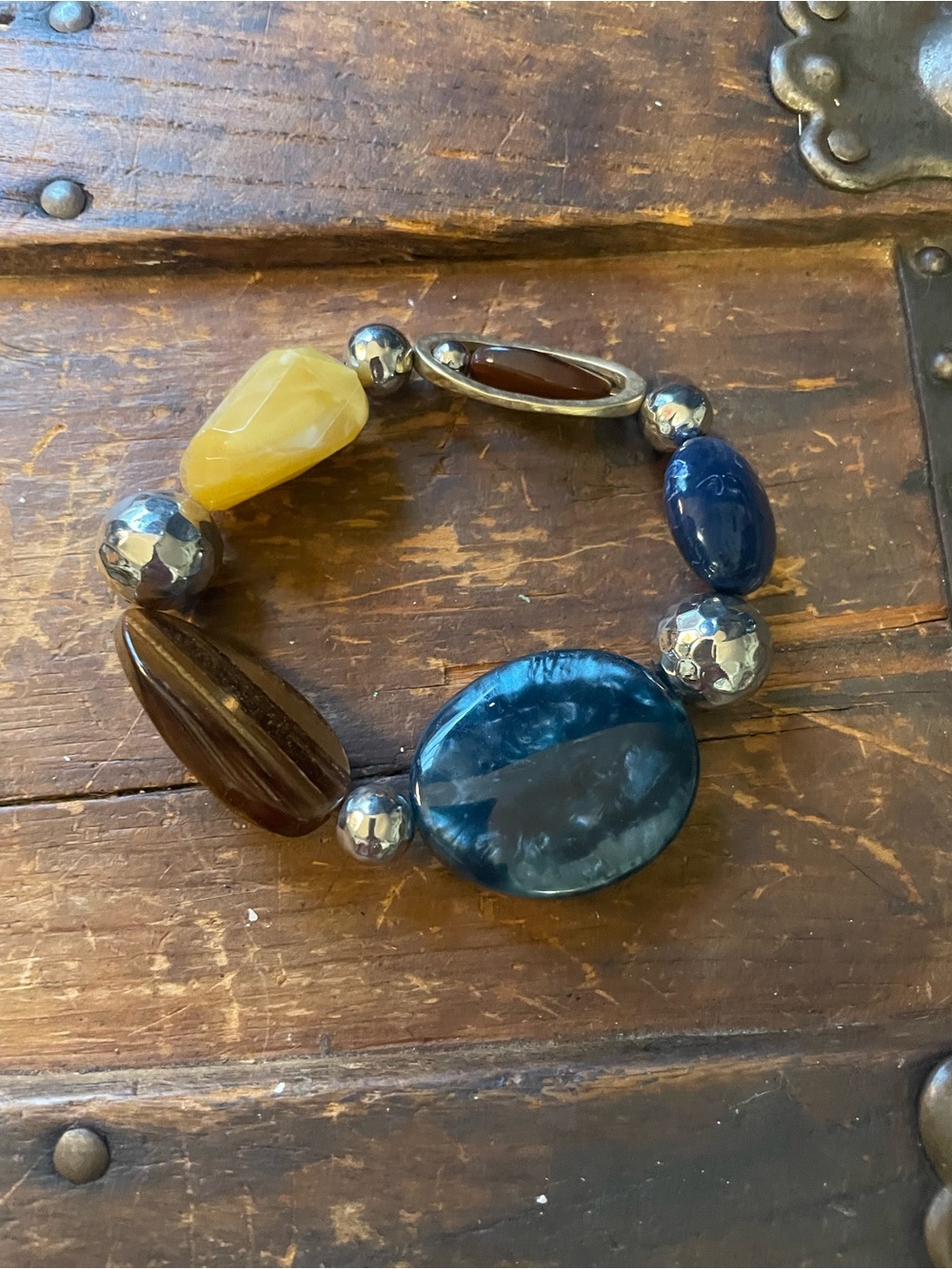 Chunky Multicolor Bead Stretch Bracelet - Blue, Brown & Yellow